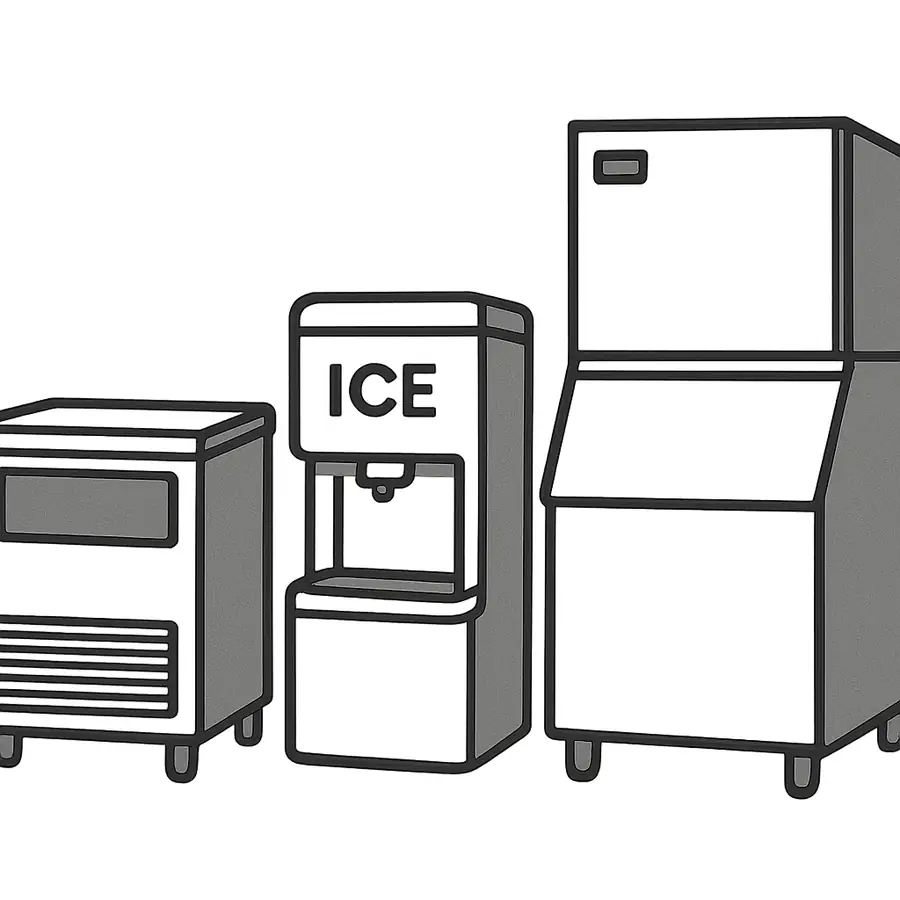 A simple graphic showing three ice machines side-by-side: a small undercounter unit fitting under a standard counter, a countertop dispenser, and a larger two-part modular unit (ice maker 'head' on top of a storage 'bin')