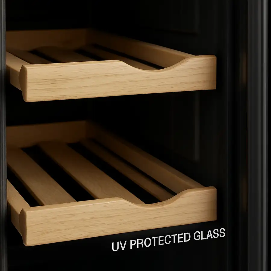 Close up of UV protected glass doors and wooden shelves inside a wine cooler