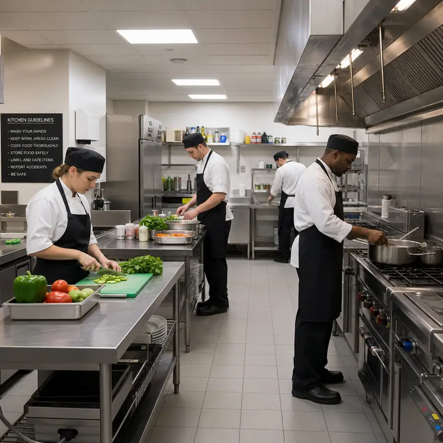 A clean, well-organized modern commercial kitchen with stainless steel counters and professional staff in ENGLISH