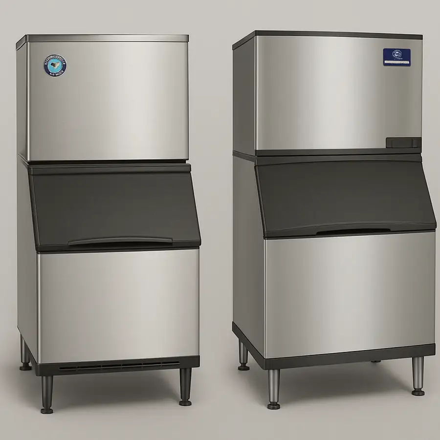 Side-by-side display of a Hoshizaki and Manitowoc commercial ice machine