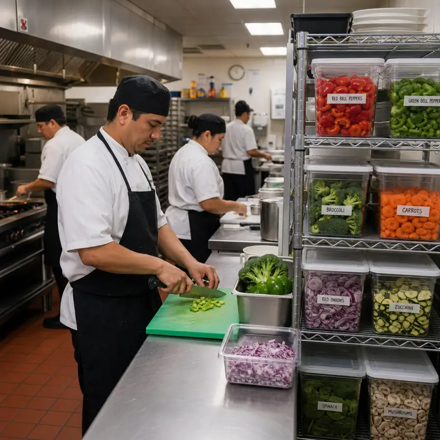 A bustling commercial kitchen showing chefs using organized food storage bins