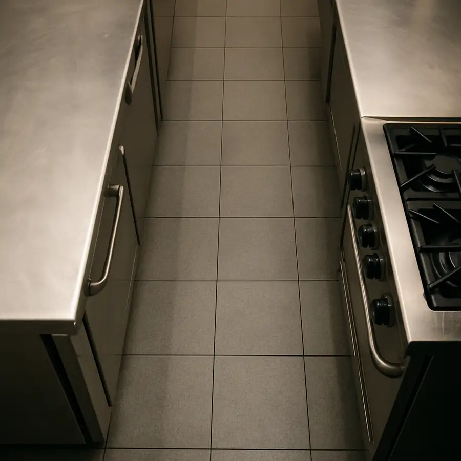 A top-down photo of a stainless steel kitchen aisle showing enough space for two people to pass comfortably.