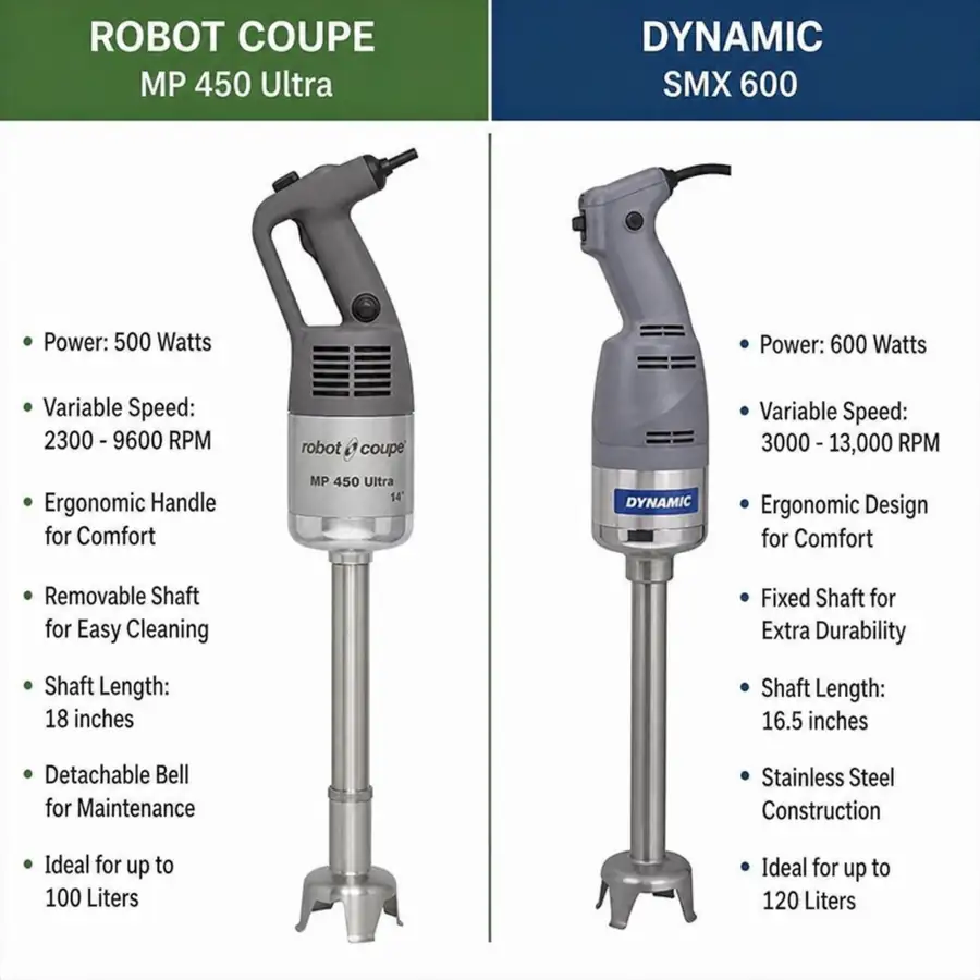 Side by side comparison of a Robot Coupe and Dynamic commercial stick blender