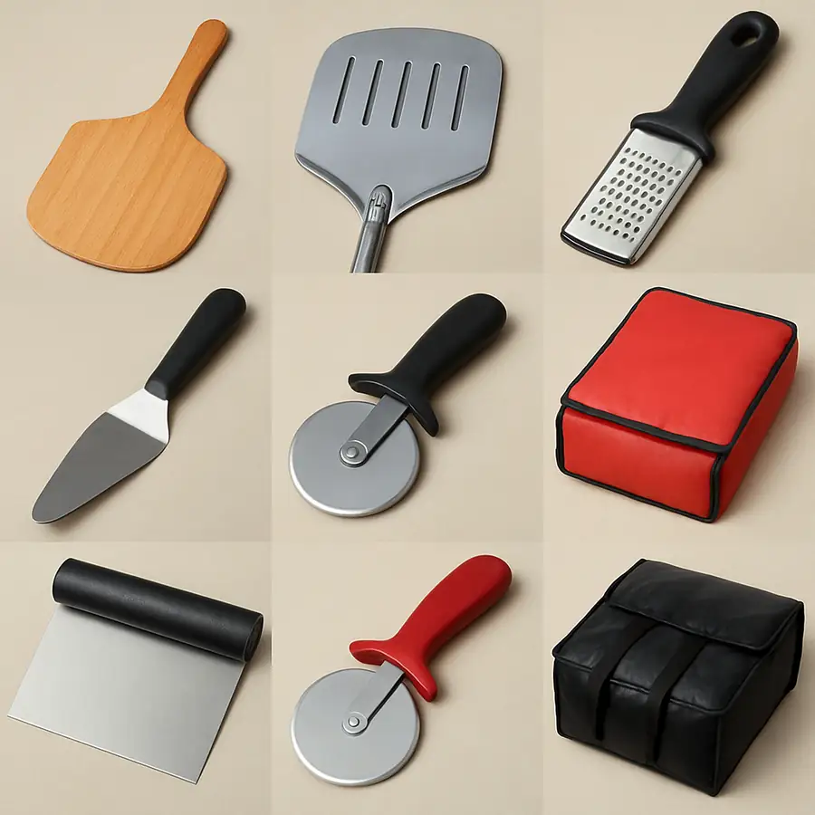 A collage of essential smallwares including various peels, cutters, and thermal delivery bags