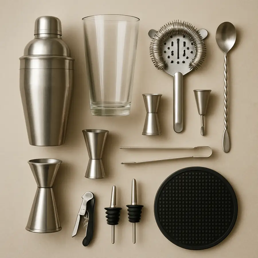 A variety of essential bar equipment neatly organized