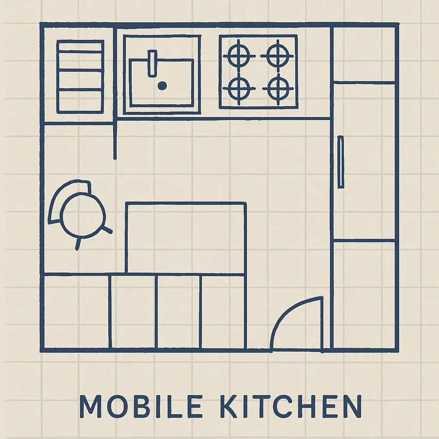 Top-down blueprint view of a highly efficient mobile kitchen layout