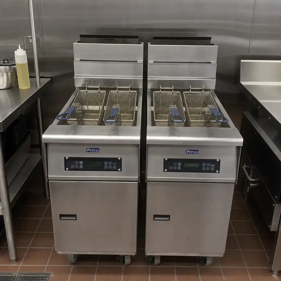 Two modern commercial deep fryers side by side in a stainless steel restaurant kitchen