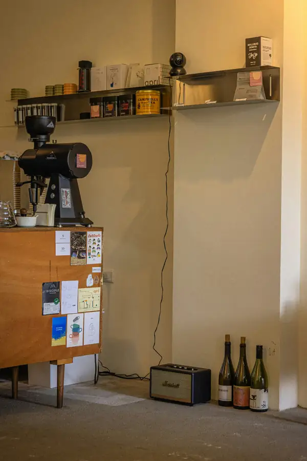 Dry storage shelving in a coffee shop