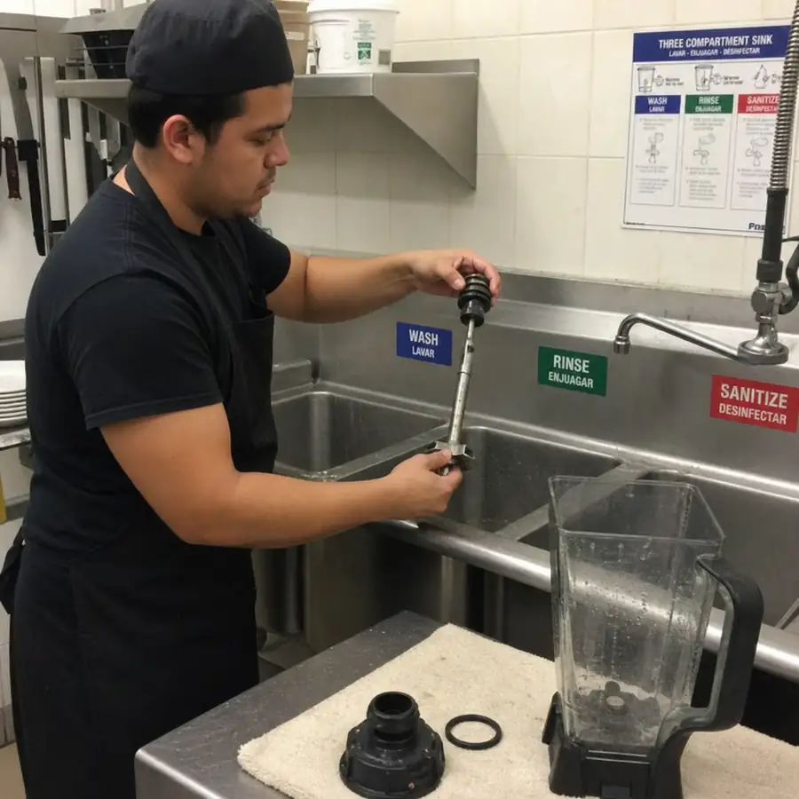 A prep cook disassembling a blender shaft for cleaning at a three-compartment sink