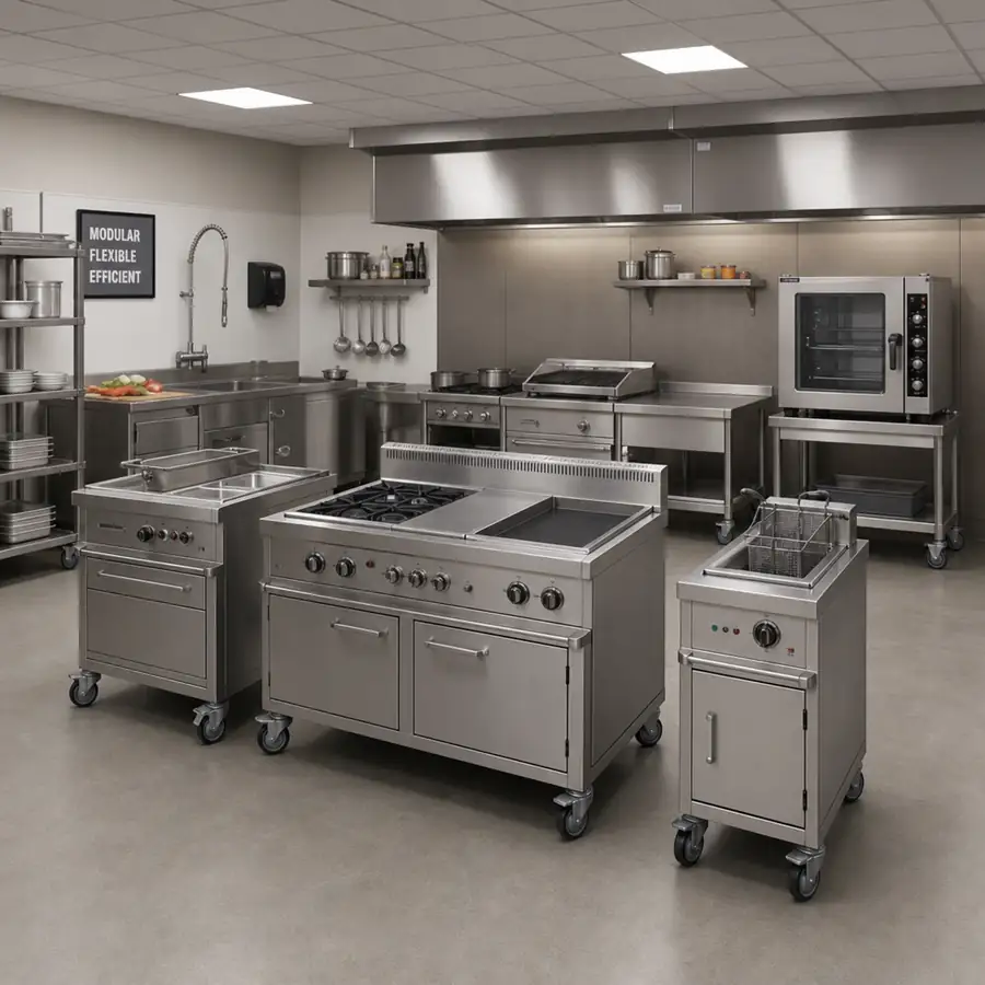 Modular commercial kitchen with multi-functional cooking equipment on casters
