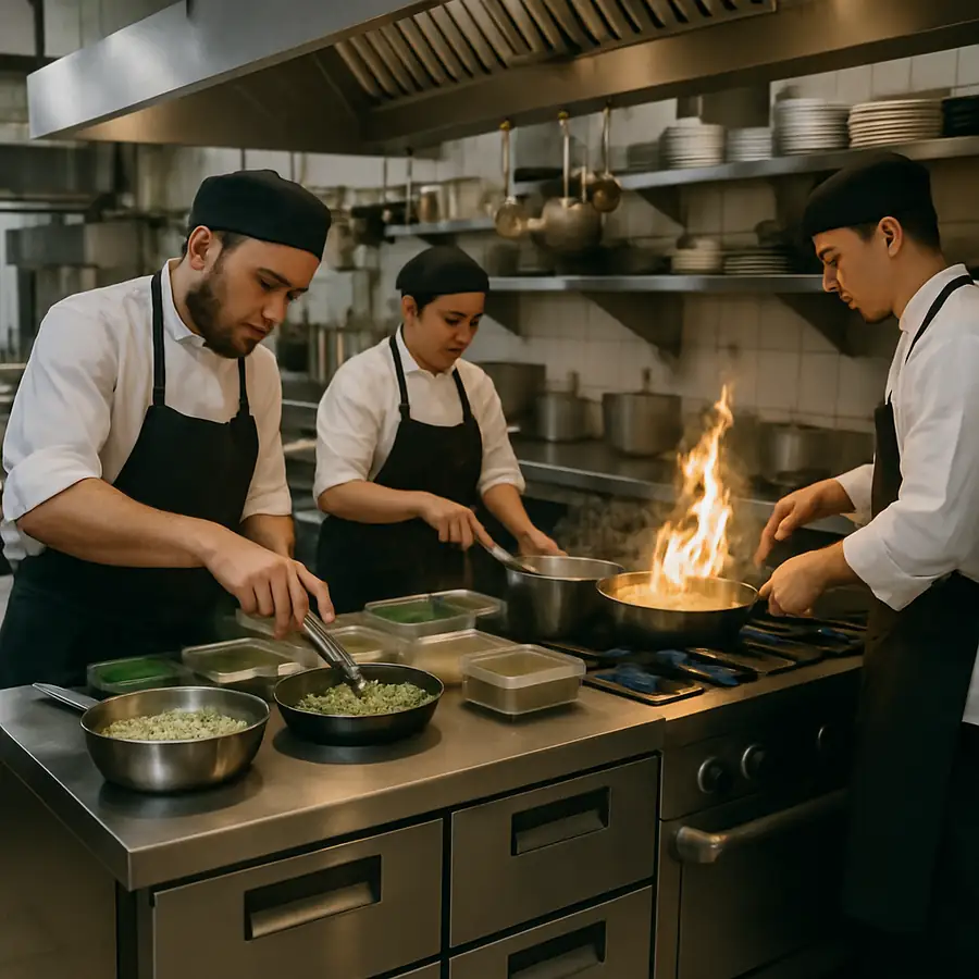 A busy commercial kitchen showing cooks working efficiently at a chef base station