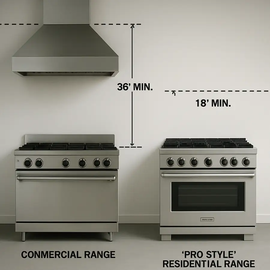 A side-by-side photo showing the high clearance/ventilation requirements of a commercial range versus a 'Pro-style' residential range.