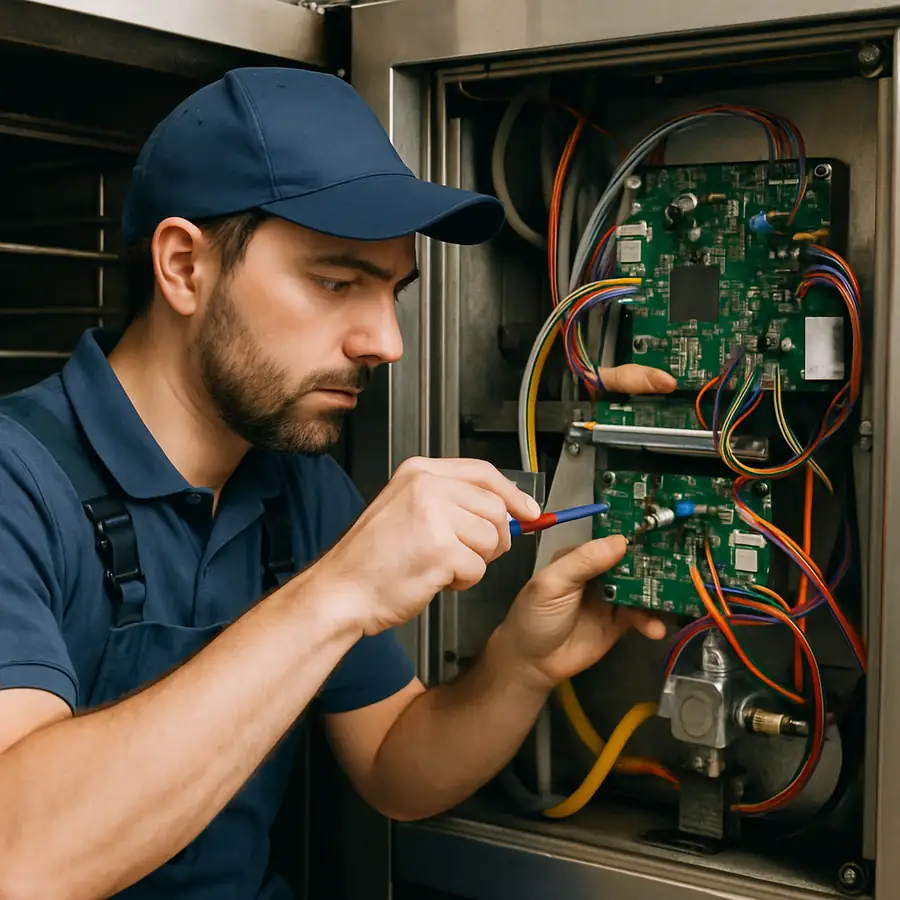 A professional repair technician fixing the internal components of a commercial oven