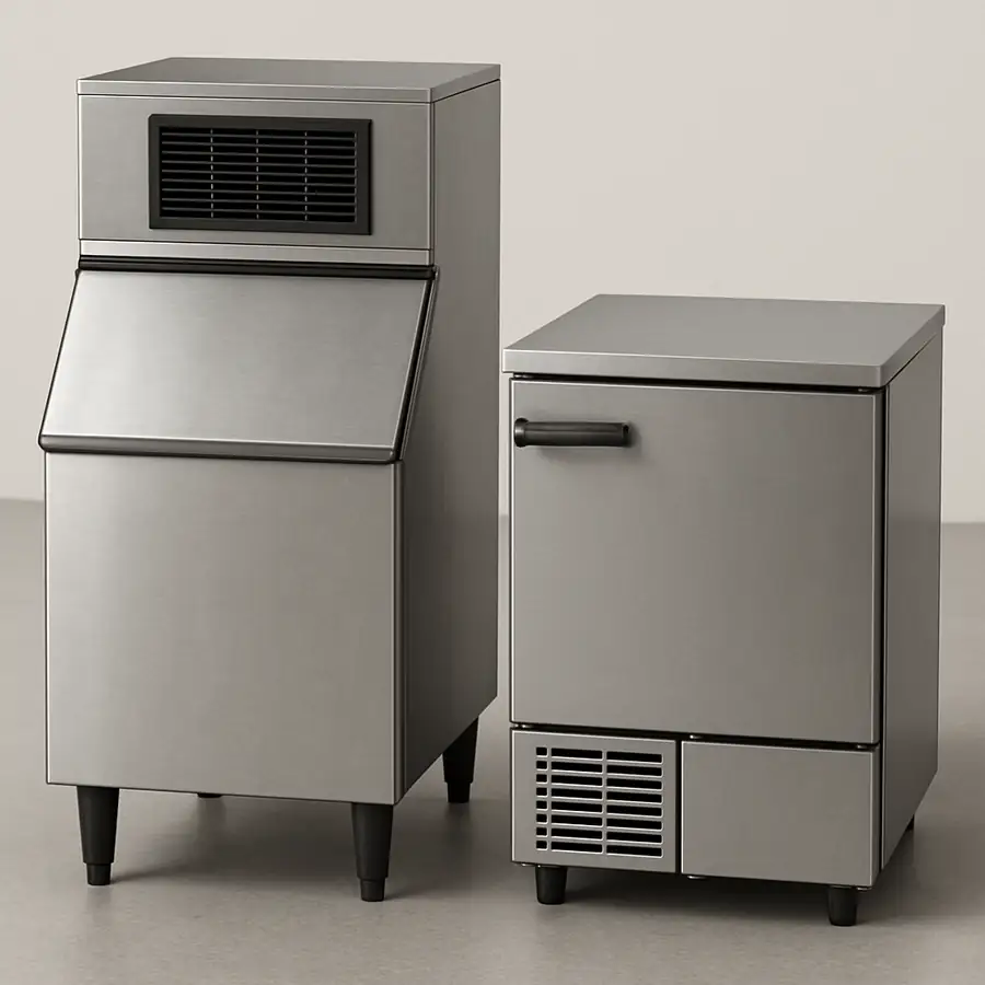 Industrial stainless steel ice machine and under-counter commercial refrigeration unit