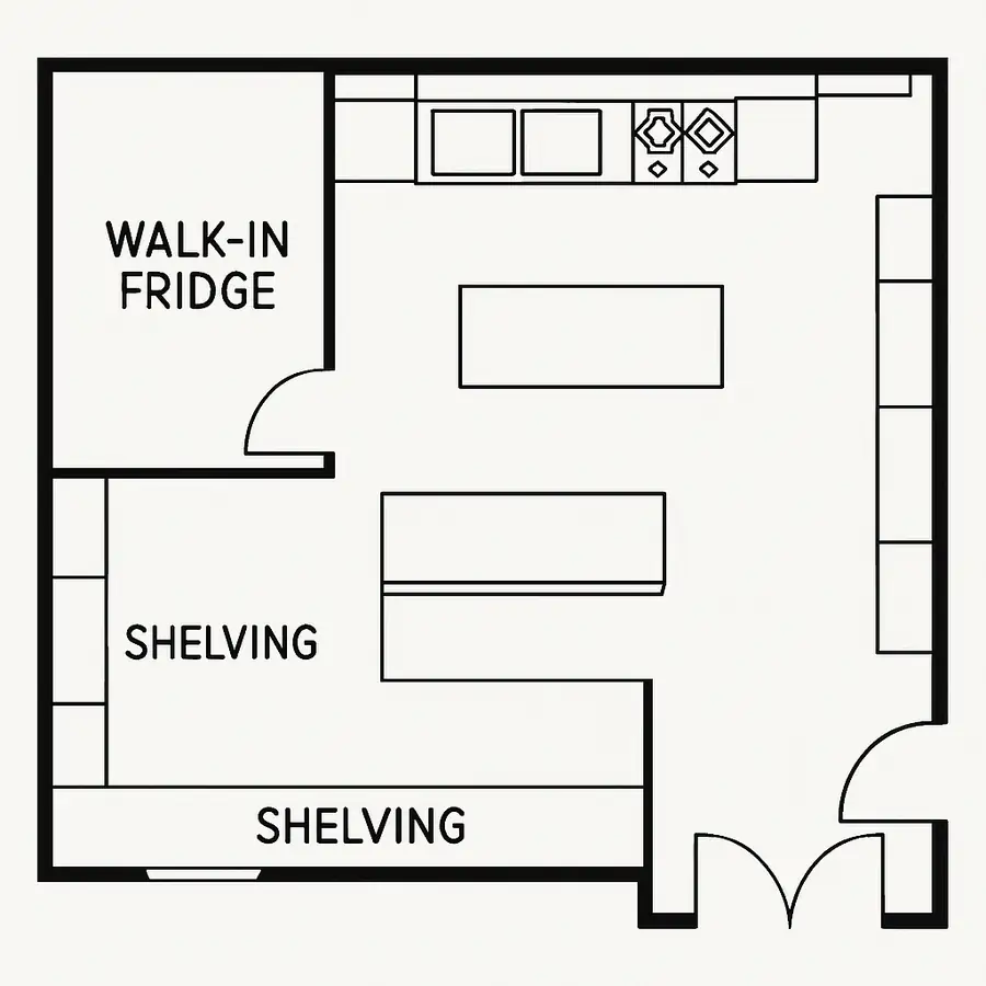 A layout plan for a commercial kitchen with space for a walk-in fridge