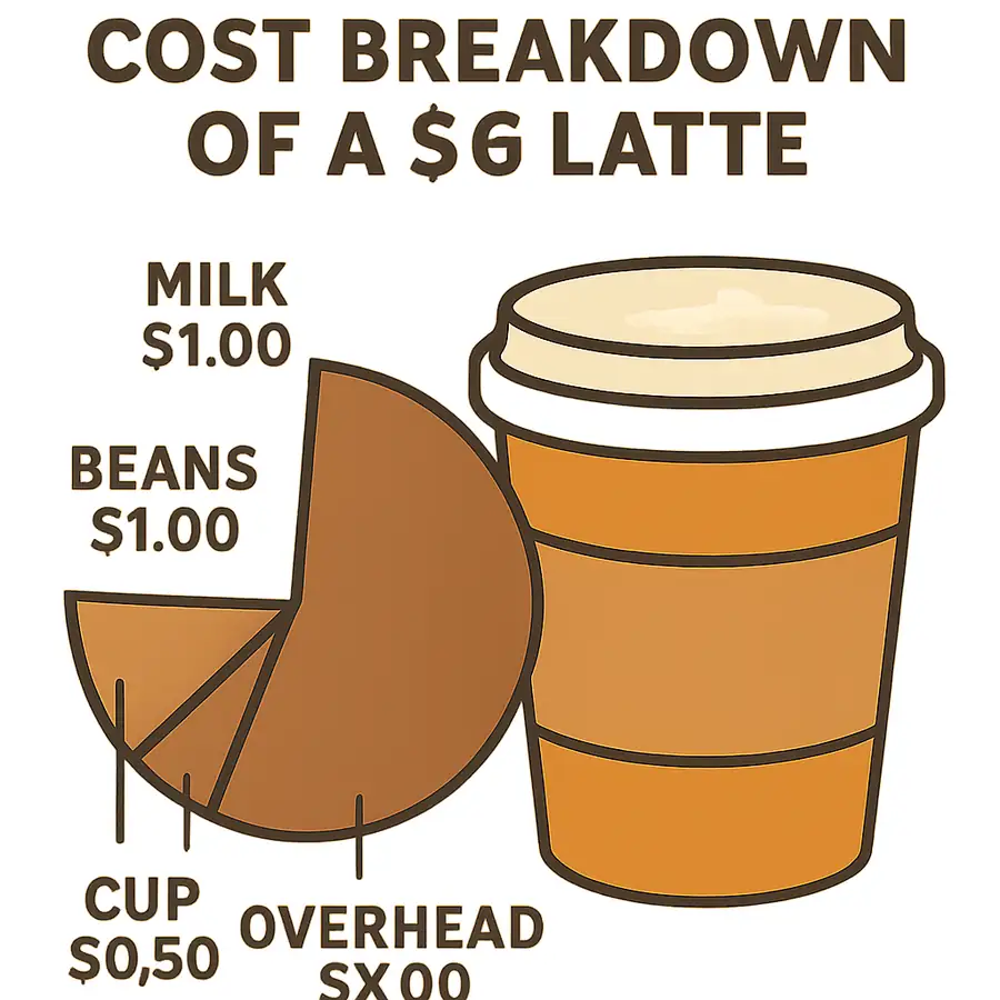 A simple infographic showing the cost breakdown of a single $6 latte including milk, beans, cup, and overhead.