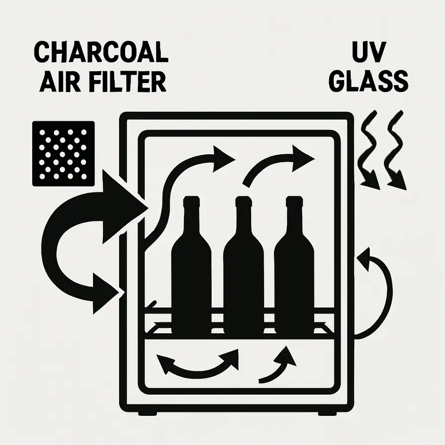 Diagram showing how charcoal air filters and UV glass work inside a wine cooler