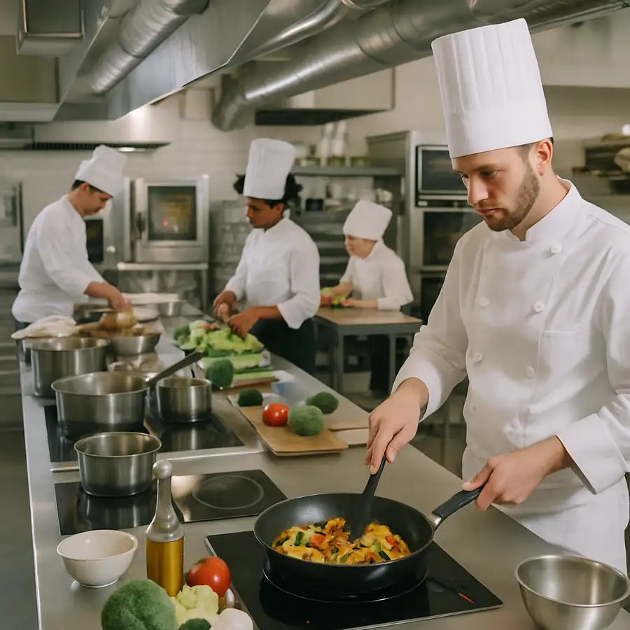 A busy commercial kitchen with chefs preparing food using modern equipment