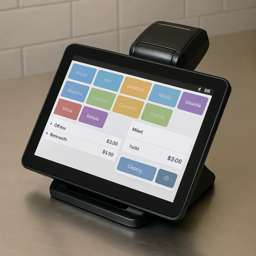 A clear photo of a compact mobile POS tablet setup on a stainless steel counter.