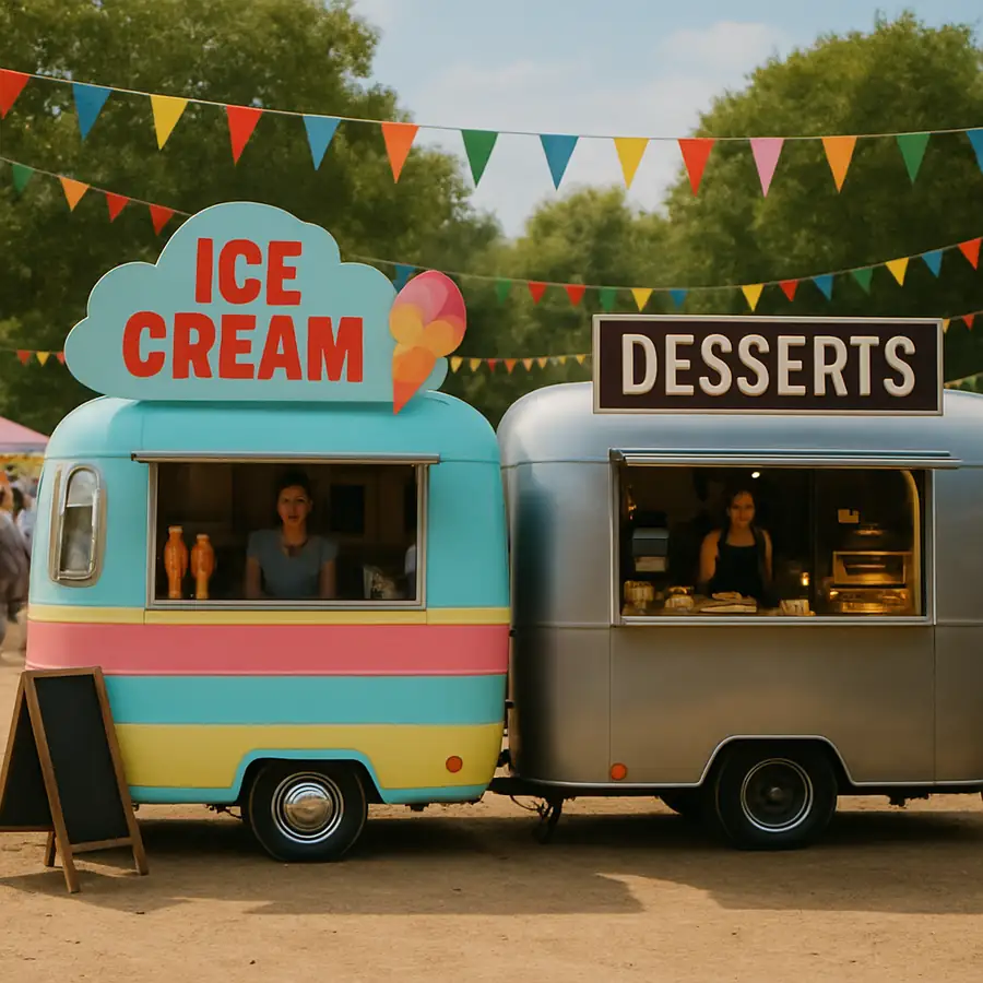 A brightly colored ice cream trailer parked next to a sleek dessert trailer at a bustling outdoor festival