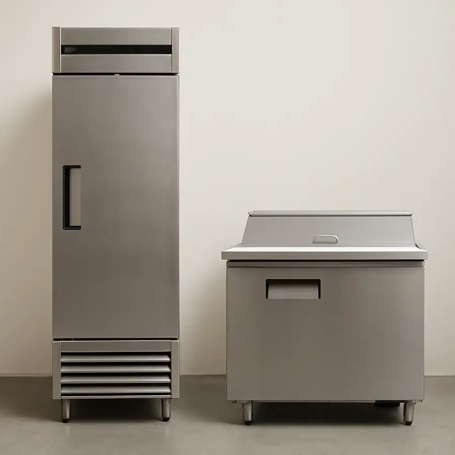 A side-by-side photo of an upright reach-in and a horizontal prep table to show the height vs reach difference.