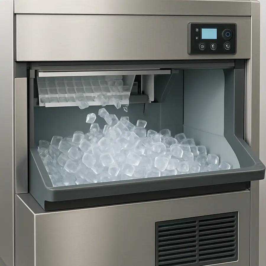 A modern commercial ice maker producing ice cubes