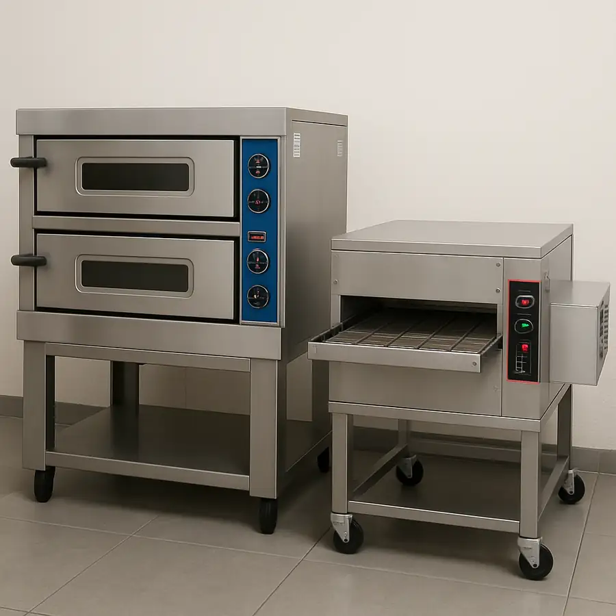 A high-quality photo of a commercial double-deck pizza oven next to a conveyor oven for scale comparison