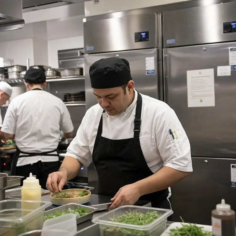 Chef working in a busy commercial kitchen with stainless steel refrigerators in the background