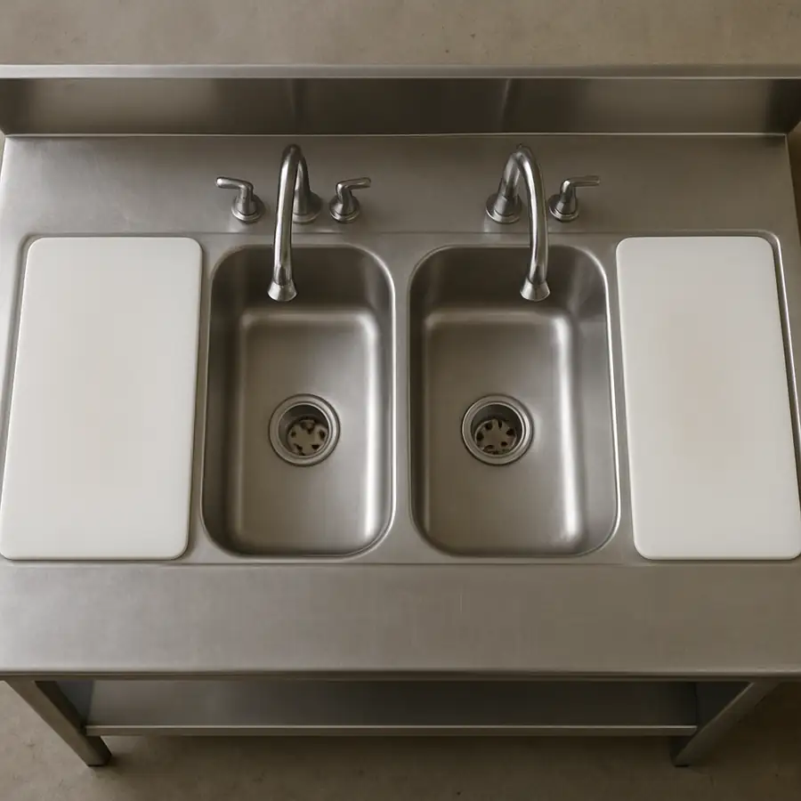 A bird's eye view of a stainless steel prep station with built-in sinks and cutting boards.