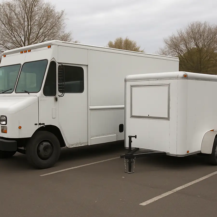 A realistic photo of a standard 18-foot step van parked next to a compact 12-foot concession trailer to show scale and exterior differences.