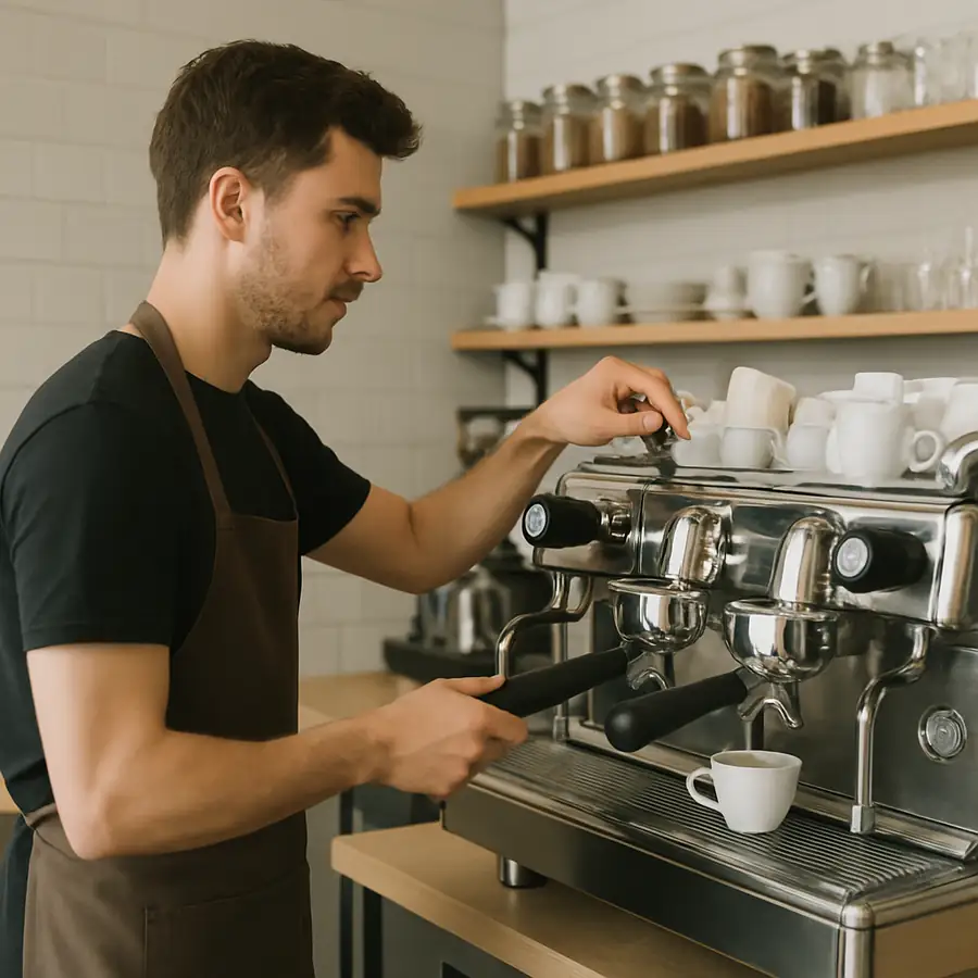 Barista operating a high-end commercial espresso machine in a modern cafe