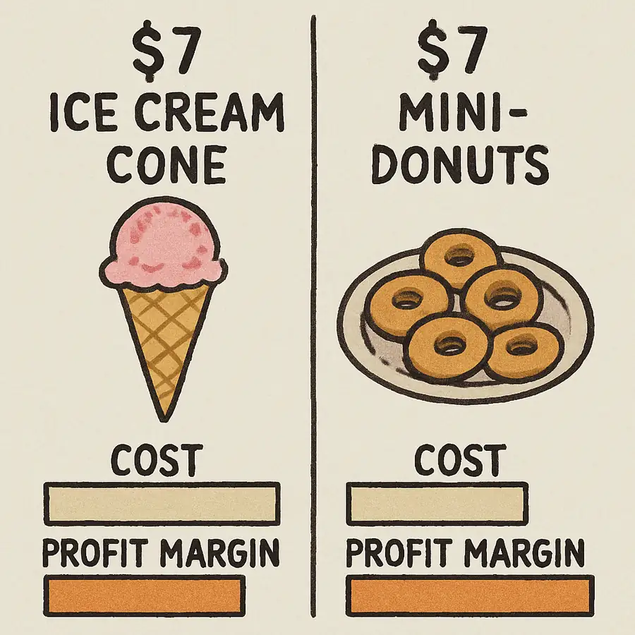 An infographic comparing the profit margins of a $7 ice cream cone versus a $7 plate of mini-donuts