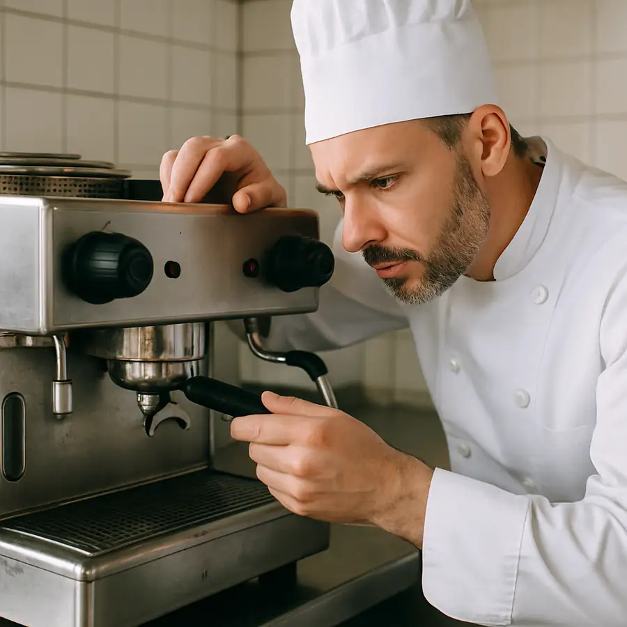 A chef inspecting a high-quality used commercial espresso machine