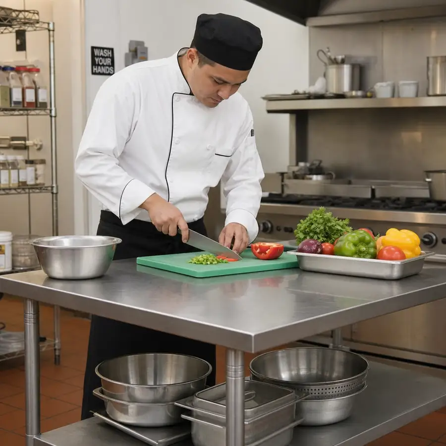 Chef preparing ingredients on a clean, heavy-duty stainless steel prep table