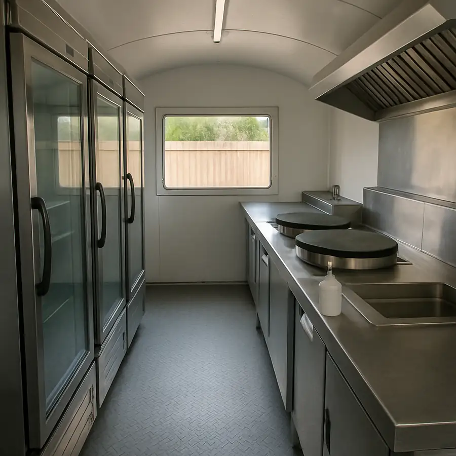 A detailed interior view of a food trailer showing commercial freezers on one side and a crepe-making station on the other