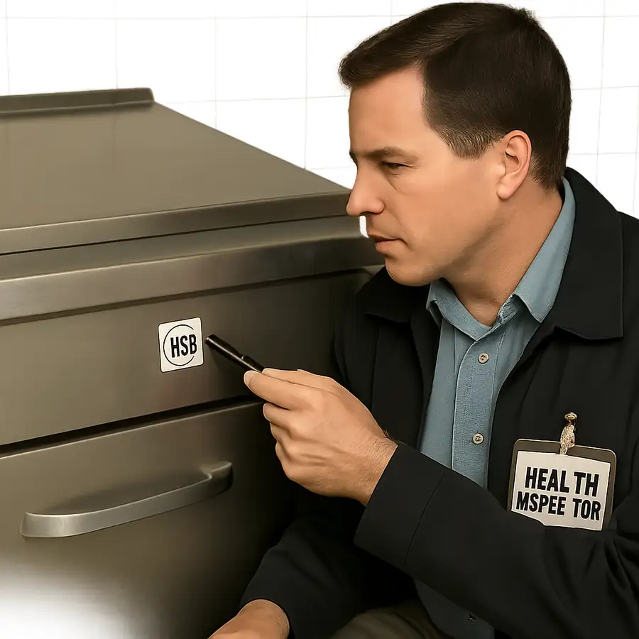 Health inspector checking the NSF certification sticker on a commercial prep table