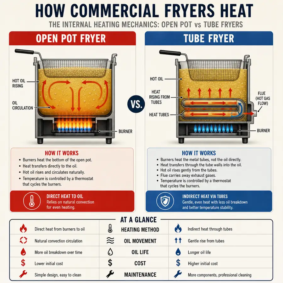 Infographic showing the internal heating mechanics of open pot versus tube commercial fryers
