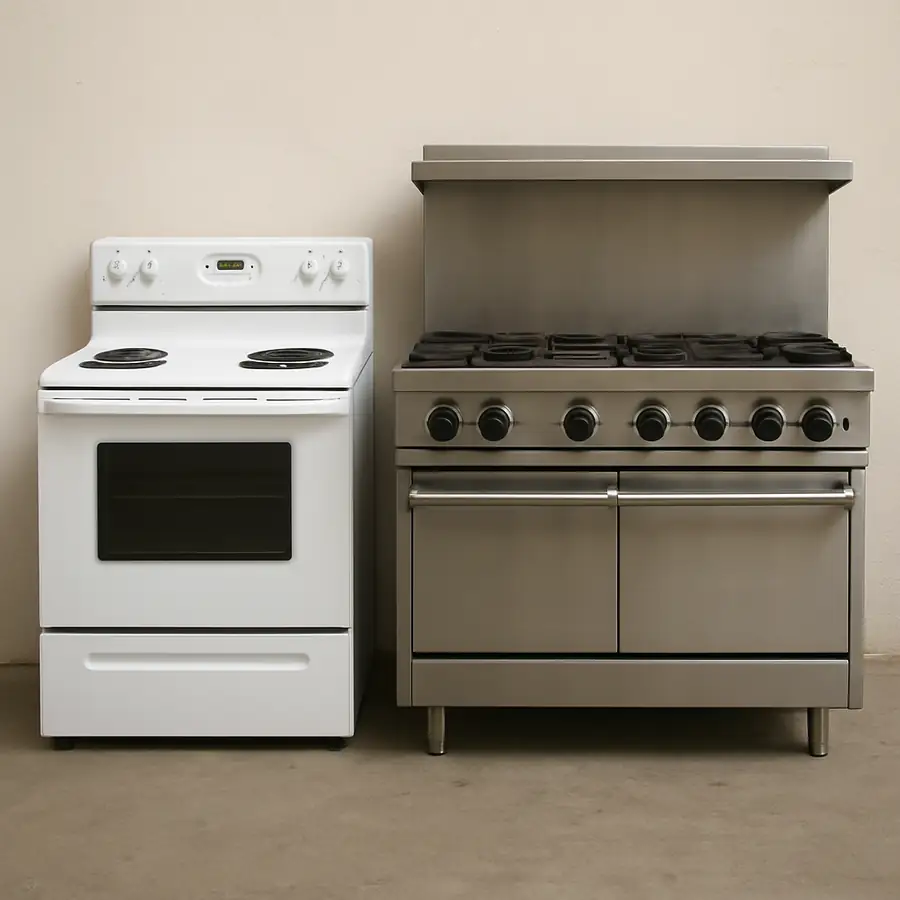 A side-by-side comparison showing a standard home oven next to a massive stainless steel commercial range.