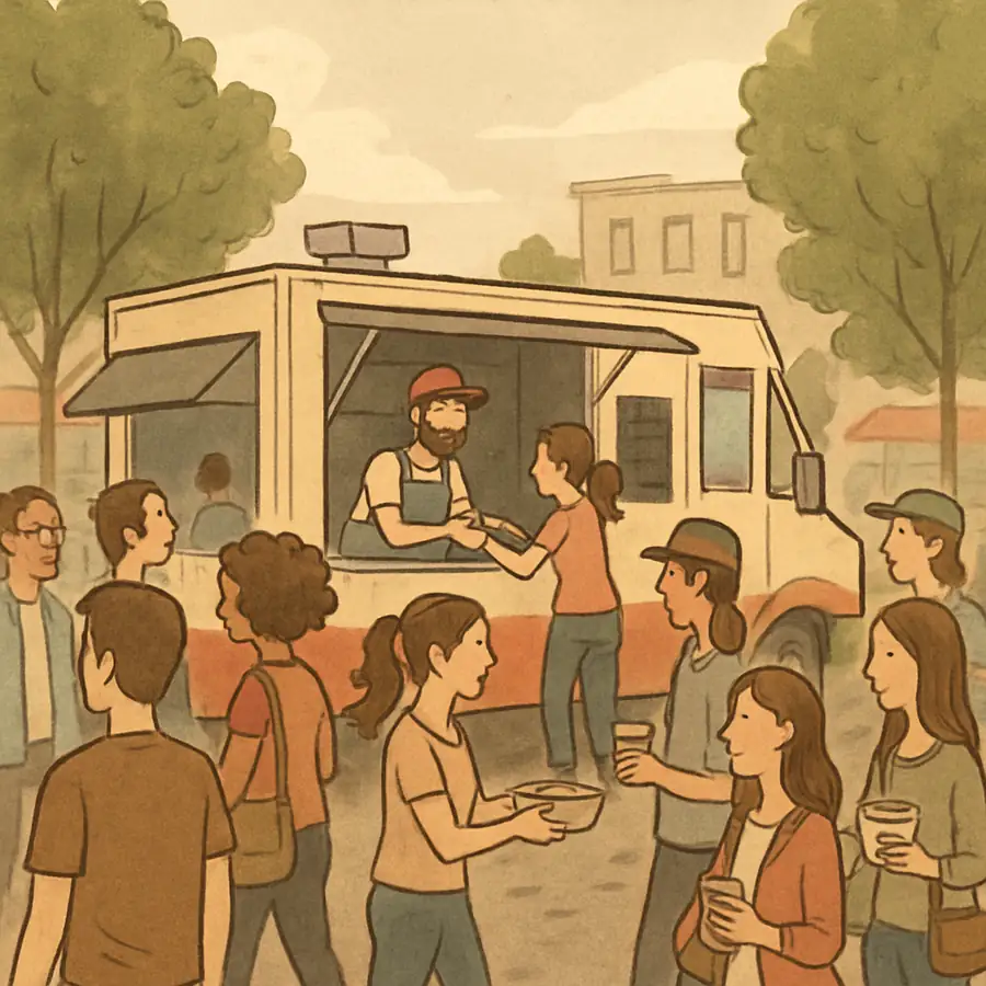 A busy food truck scene with customers milling around