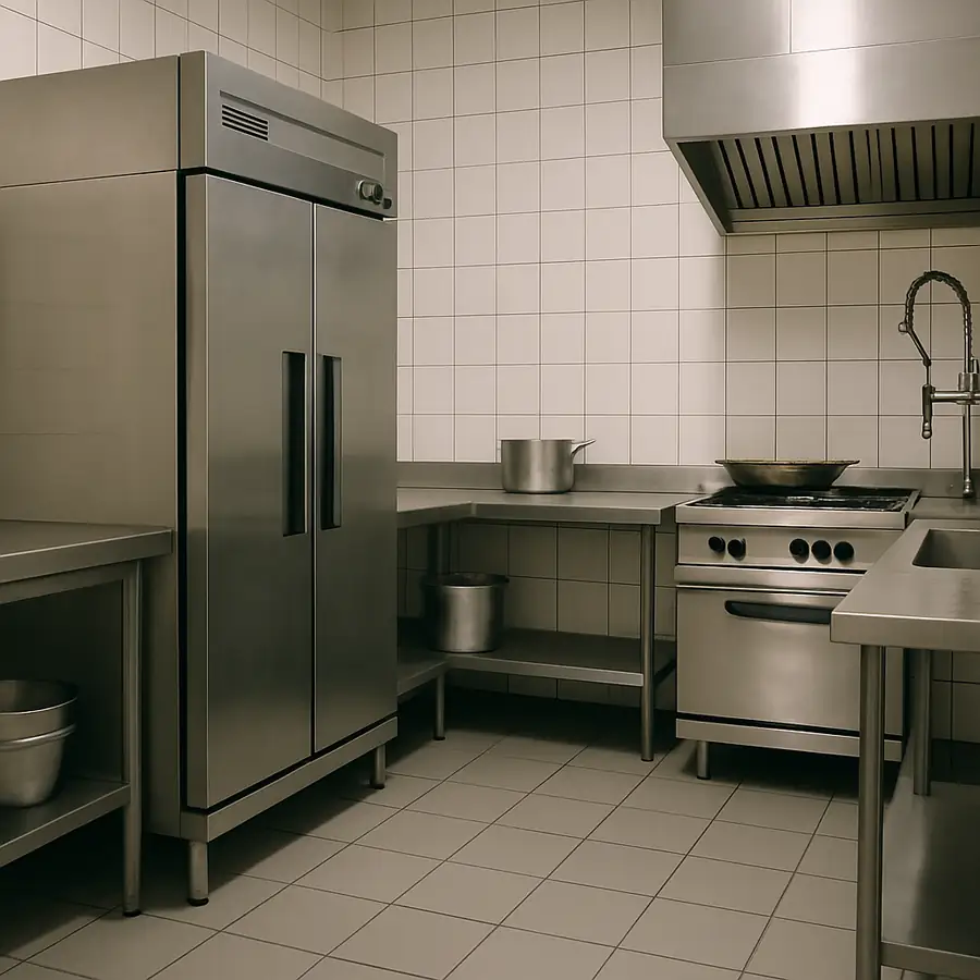 Commercial Restaurant Kitchen with a Refrigerator