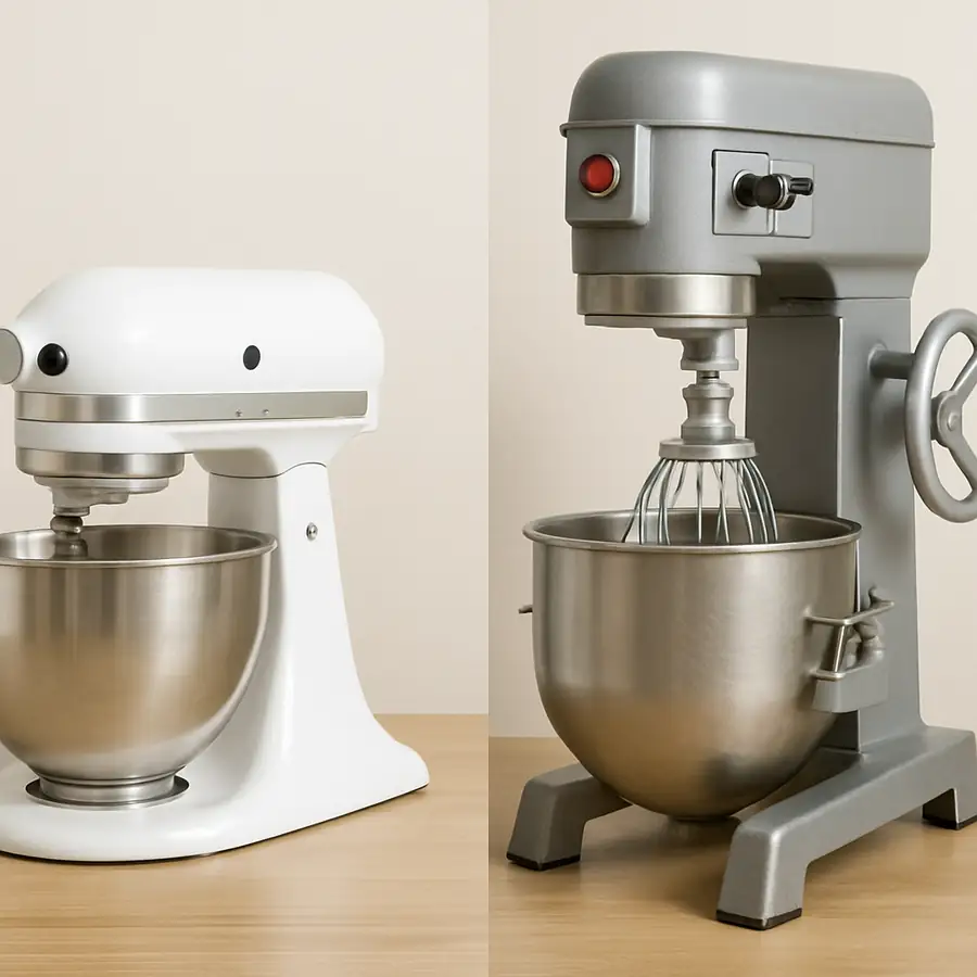 A simple side-by-side comparison image showing a standard home stand mixer next to a much larger, more robust commercial planetary mixer
