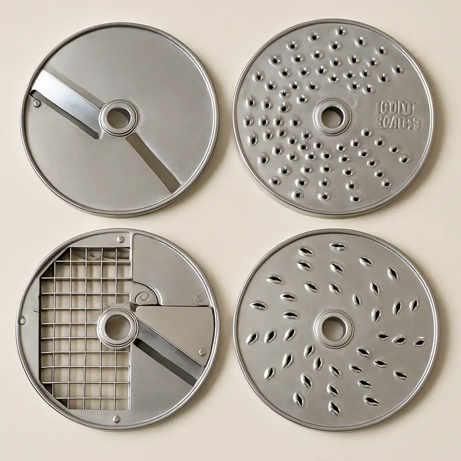 A high-quality image of several different stainless steel Robot Coupe discs (slicer, grater, dicer) laid out clearly.