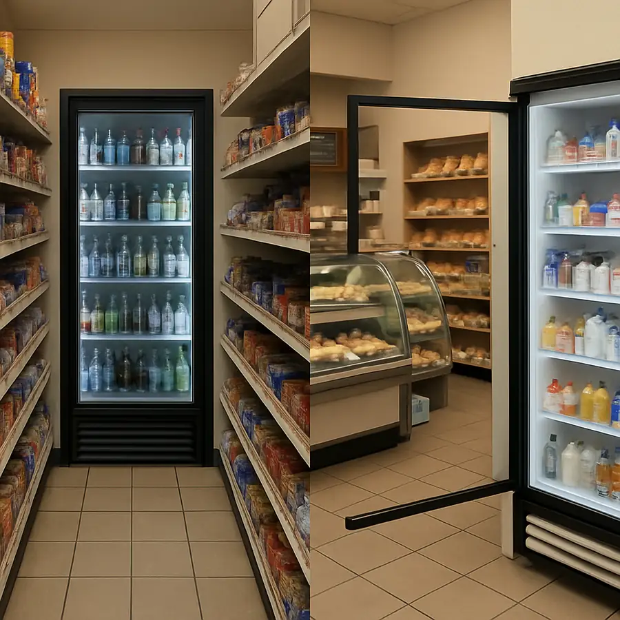 A simple side-by-side photo showing a narrow convenience store aisle with a sliding door cooler, and a wider deli space with a swing door cooler open