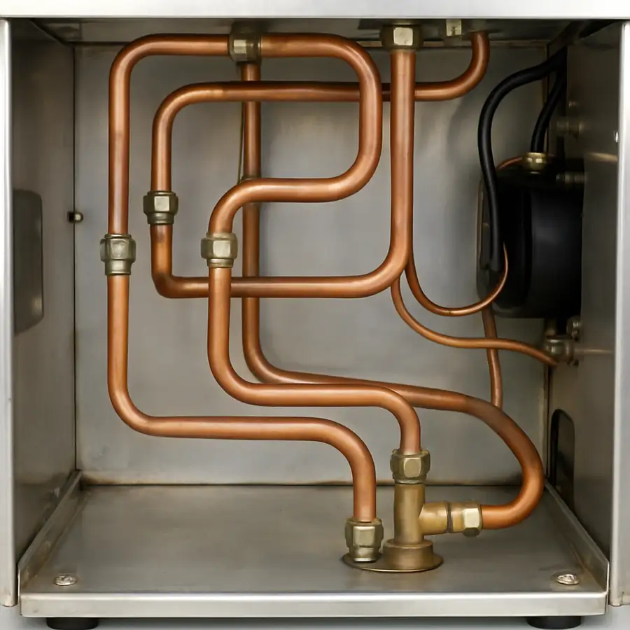 An image showing the stainless steel interior of a machine with visible copper pipes to illustrate serviceability.
