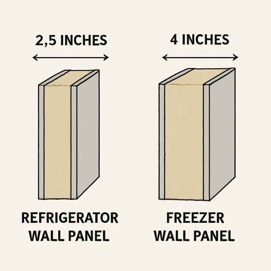 A simple cross-section showing a 2.5-inch thick refrigerator wall panel next to a 4-inch thick freezer wall panel for comparison.