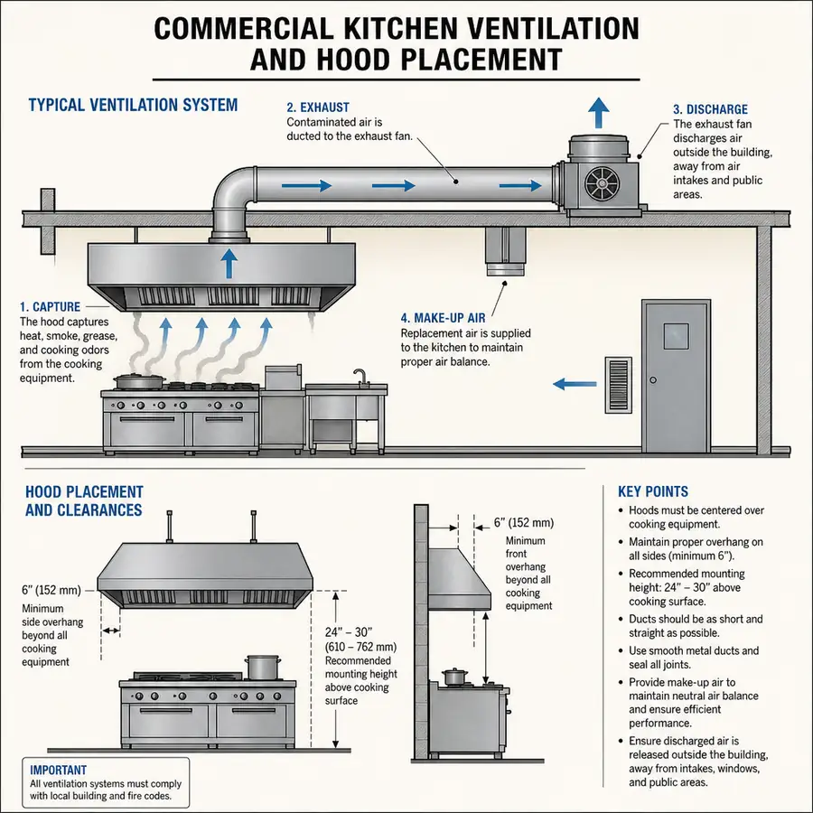 Diagram showing proper commercial kitchen ventilation and hood placement in English