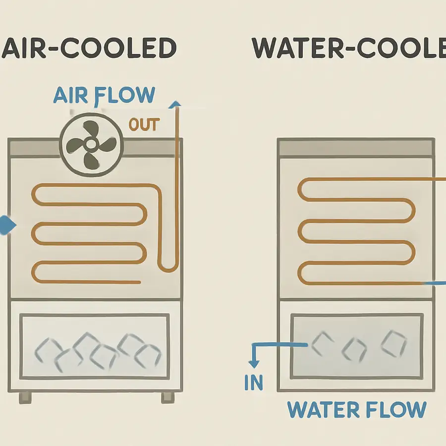 Diagram explaining the airflow and water flow differences in air-cooled vs water-cooled ice machine condensers