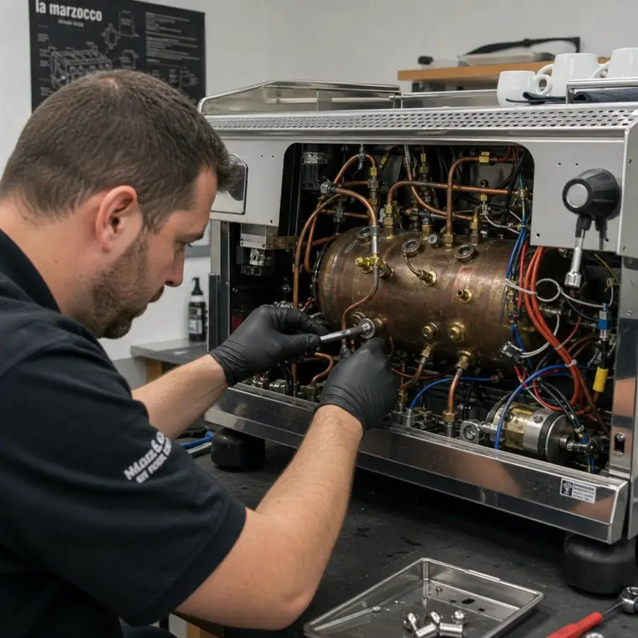 A professional espresso machine technician repairing the internal boiler of a commercial coffee machine