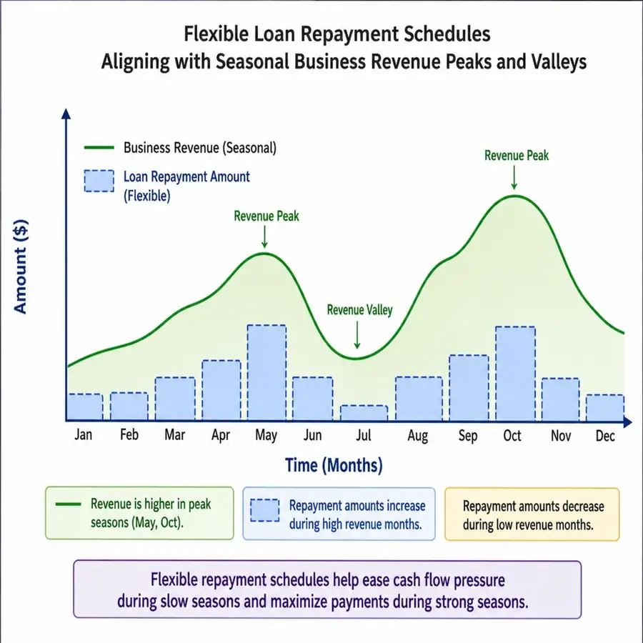 A graph showing flexible loan repayment schedules aligning with seasonal business revenue peaks and valleys