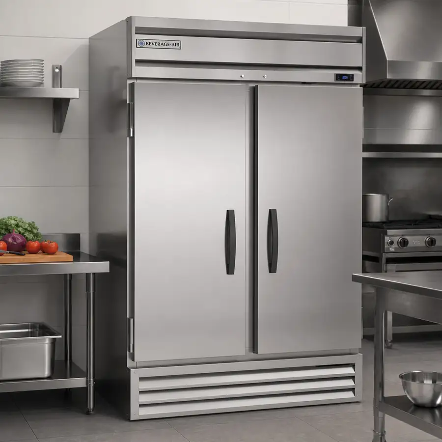Beverage-Air reach-in cooler in a modern commercial kitchen setting